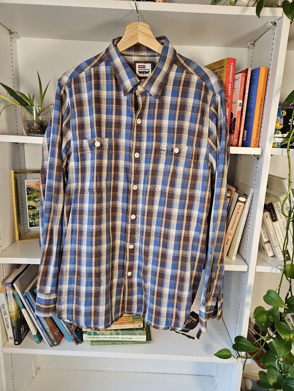 Levi's Blue Brown Plaid Cotton Button-Down Shirt Large Worker Shirt Workwear